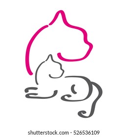 Colourful silhouette of a cats with hearts  on white background. Vector illustration.