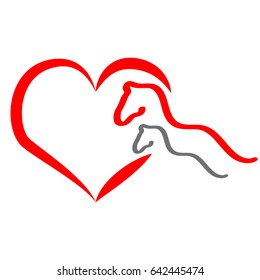 Colourful silhouette of a horses with heart  on white background. Vector illustration.