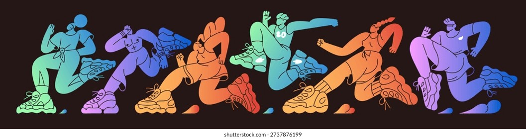 Colourful silhouettes of joggers set in gradient style. Banner with group of fast running athletes on marathon. Jogging runners contest in sports competition. Flat isolated vector illustration