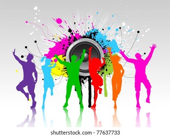 Colourful silhouettes of people dancing on a grunge background