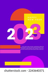 Colorido concepto simple de 2023, tarjeta de afiche de Año Nuevo Feliz. Plantillas con logotipo tipográfico 2023 para celebración, plantilla de moda para marca, banner, portada, tarjeta, medios sociales, ilustración vectorial