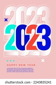 Colorido concepto simple de 2023, tarjeta de afiche de Año Nuevo Feliz. Plantillas con logotipo tipográfico 2023 para celebración, plantilla de moda para marca, banner, portada, tarjeta, medios sociales, ilustración vectorial