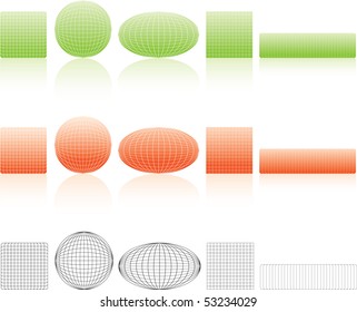 Colourful skeletons, buttons set. Isolated on a white background, with reflexion. Vector illustration (EPS8). All parts (object) closed, possibility to edit.
