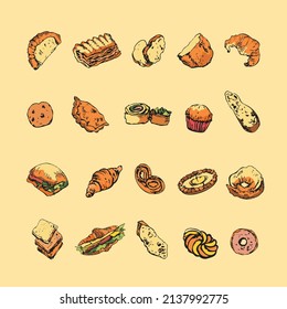 Colourful sketchy bread and bakery items. Retro style. Collection of isolated hand drawn design elements