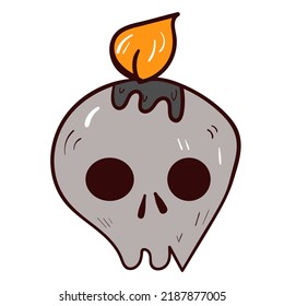 Colourful skull candle with fire. Wax light. Vector icon on white background.