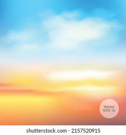Colourful sky background with white clouds. Vector background.