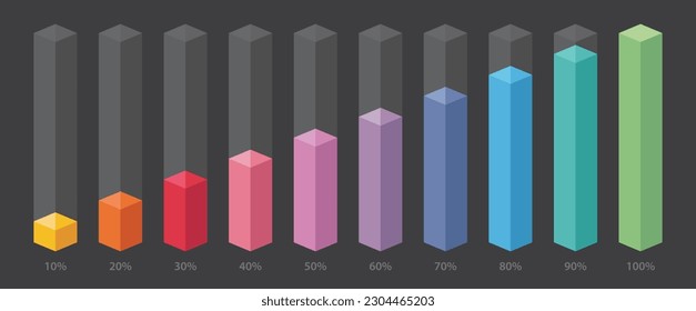 Colourful slim chart bars template, simple clear 10%-100% infograph set. Info graphic flat design interface illustration elements for app ui ux web banner button vector isolated on dark background