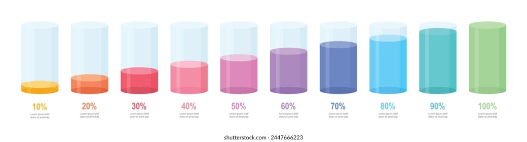 Colourful slim chart bars template, 10%-100% number text. Flat design interface illustration inforchart infographic elements for app ui ux web banner button vector isolated on white background