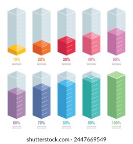 Colourful slim chart bars template, 10%-100% number text. Flat design interface illustration inforchart infographic elements for app ui ux web banner button vector isolated on white background