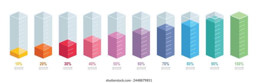 Colourful slim chart bars template, 10%-100% number text. Flat design interface illustration inforchart infographic elements for app ui ux web banner button vector isolated on white background