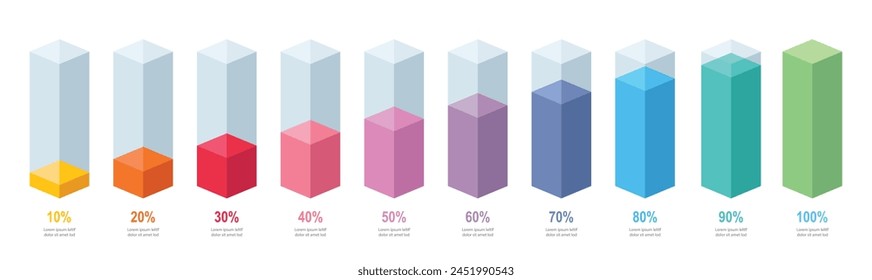 Plantilla de barras delgadas coloridas, conjunto de infografía simple claro 10%-100%. Info gráfico diseño plano interfaz ilustración Elementos para App ui ux Web Anuncio Botón Vector aislado sobre fondo oscuro