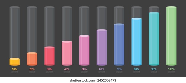 Farbenfrohe schlanke Diagrammbalken Vorlage, schlicht klar 10%-100% Infografik Set. Info Grafik-flaches Design-Interface-Illustration-Elemente für App ui ux Web Banner Button-Vektorgrafik isoliert auf dunklem Hintergrund