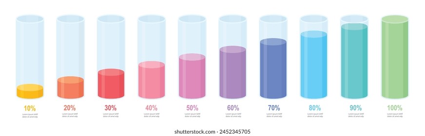 Colourful slim chart bars template, simple clear 10%-100% infograph set. Info graphic flat design interface illustration elements for app ui ux web banner button vector isolated on dark background