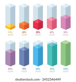 Colourful slim chart bars template, simple clear 10%-100% infograph set. Info graphic flat design interface illustration elements for app ui ux web banner button vector isolated on dark background