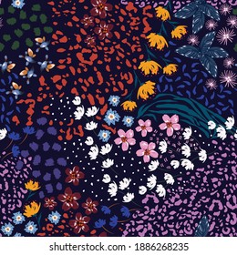 Colourful small liberty blooming garden flower mix with leoprad safari animal skin seamless pattern,vector EPS10 ,Design for fashion , fabric, textile, wallpaper, cover, web , wrapping and all prints 