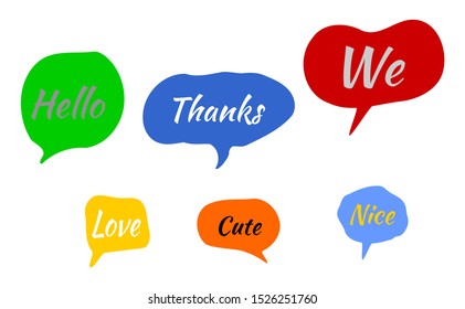 Colourful speech bubbles with dialog words hand drawn. Set of vector bubbles speech doodle set. Sketch speak doodle.