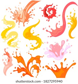 Colourful Splash, Burst And Spiral Flowing Fluid Design Element. Colored Paint Fruit, Berry Splashing Juice Or Pouring Jam Different Flavor Vector Illustration Isolated Set On White Background