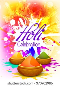 Colourful splash decorated Flyer, Banner or Pamphlet design with dry colours for Indian Festival, Happy Holi celebration.