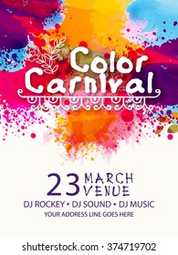 Colourful splash decorated Pamphlet, Banner or Flyer design for Indian Festival of Colours, Happy Holi celebration.