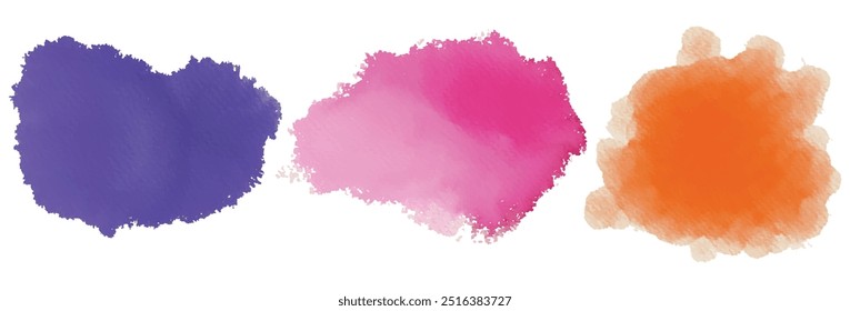  Colourful splash watercolor backgrounds vector set. Acrylic violet, pink colors in water ink blot textured Watercolor paint stains in elegant. Watercolour strip multilayered drawing on a paper image