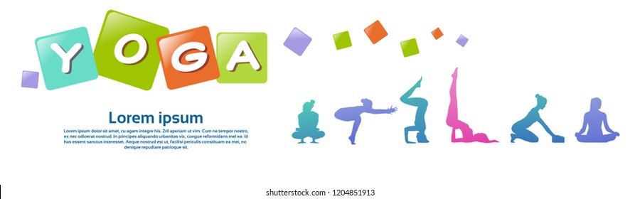 colourful sports people silhouette, group of diversity yoga poses woman, successful team relationships concept banner copy space vector illustration