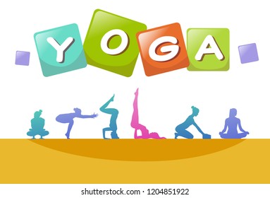 colourful sports people silhouette, group of diversity yoga poses woman, successful team relationships concept A4 hotizontal vector illustration