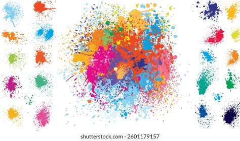 Colourful Сomposition of Spots of Paint, Set of Brush Prints, Design Elements