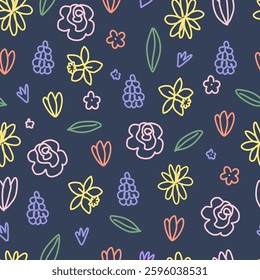 Colourful Spring Flower Seamless Pattern on Dark Blue Background