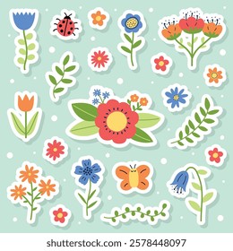 Colourful spring flower stickers set. Icons in cartoon style. Vector illustration