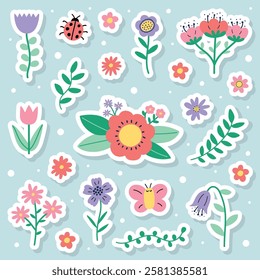 Colourful spring flower stickers set. Icons in cartoon style. Vector illustration