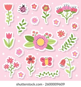 Colourful spring flower stickers set. Icons in cartoon style. Vector illustration