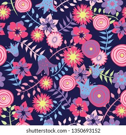 Colourful Spring Flowers on dark blue background.