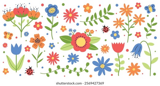 Colourful spring flowers set. Icons in cartoon style. Vector illustration
