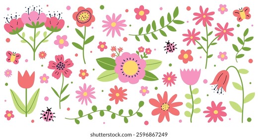 Colourful spring flowers set. Icons in cartoon style. Vector illustration