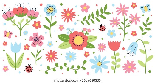 Colourful spring flowers set. Icons in cartoon style. Vector illustration