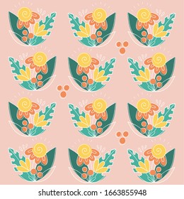 Colourful spring patterns with flowers and leaves. Flat style image. Vector illustration