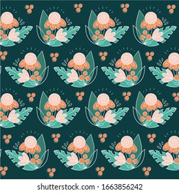 Colourful spring patterns with flowers and leaves. Flat style image. Vector illustration