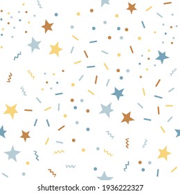 Colourful sprinkles vector seamless pattern. Star dots dash shape festal background. Happy birthday party confetti backdrop.