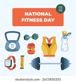 Colourful square banner for National Fitness Day with sport inventory, gym tool, weights, athletic devices. Simple holiday poster for website background, social media design with kettlebell, barbell.
