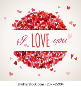  Colourful square hearts background with white stripe for your text. Set of various hearts on light background. There is place for your text.