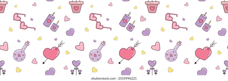 Colourful St. Valentines Day pattern with hearts, 
candles, eyeglasses, bottles and plants. Love design. Vector illustration. Pattern for wrapping paper, postcards, textile, backgrounds. 