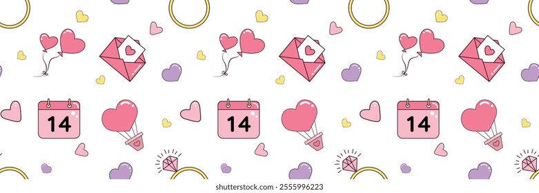 Colourful  St. Valentines Day pattern with hearts, 
wedding rings, calendars and baloons. Wedding design. Vector illustration. Pattern for wrapping paper, postcards, textile, backgrounds. 