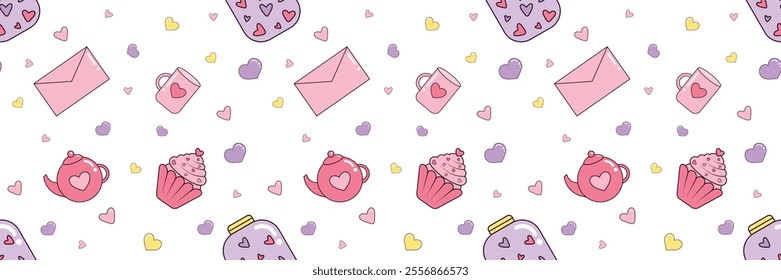 Colourful St. Valentines Day pattern with hearts, 
envelopes, cupcakes, teapots, jar with hearts and others elements. Vector illustration. Pattern for wrapping paper, postcards, textile, backgrounds. 