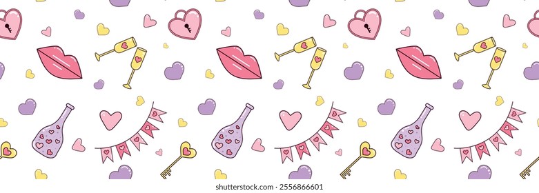 Colourful St. Valentines Day pattern with hearts, 
lips, glasses, bottles, flags, keys  and others elements. Vector illustration. Pattern for wrapping paper, postcards, textile, backgrounds. 