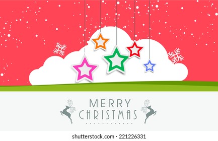 Colourful stars decorated greeting card design for Merry Christmas celebrations. 