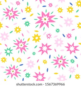 Colourful stars seamless pattern on white background. Beautiful bright summer repeating illustration with pink, yellow and green shapes perfect for party paper, baby apparel.