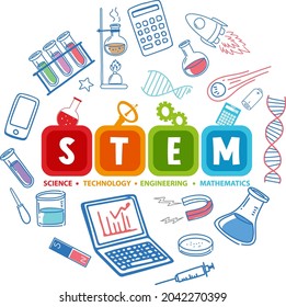 Colourful STEM education logo with learning elements illustration