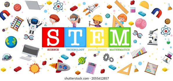 Logotipo de educación en STEM colorido con ilustración de elementos de aprendizaje