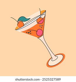 Colourful sticker with cocktail glass isolated on light background. Party sticker design in vintage style. Vector illustration.