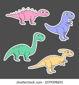 Colourful stickers dinosaur set on grey background. Vector illustration of extinct animals. Tyrannosaurus rex. Brachiosaurus. Stegosaurus. Parasaurolophus.